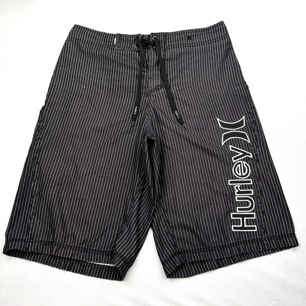 Hurley Pinstripe Board Shorts Mens 30 Black Large Embroidered Logo Surf Trunks